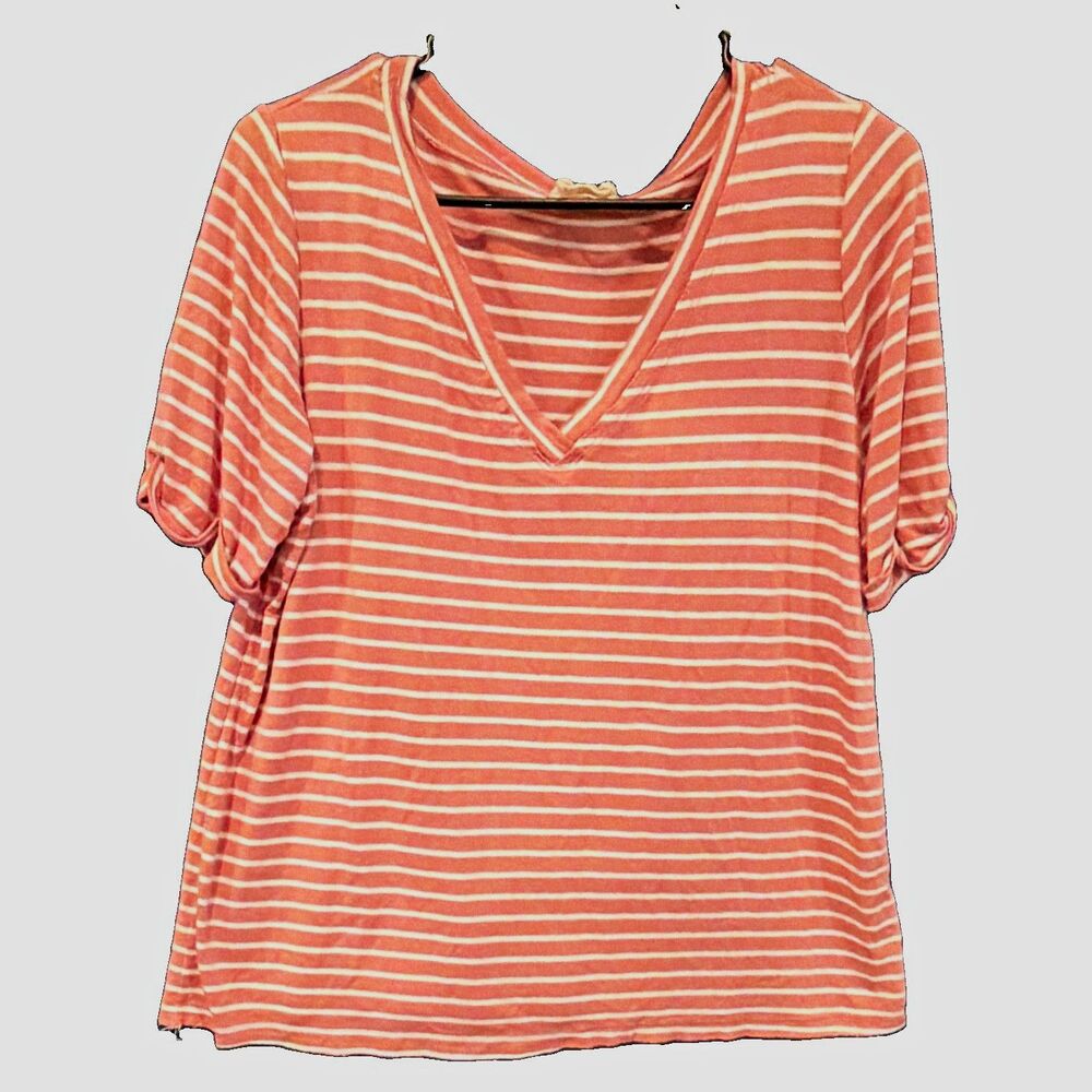 Women’s M Pink White Striped V-Neck Short Sleeve Knit T-Shirt Rayon